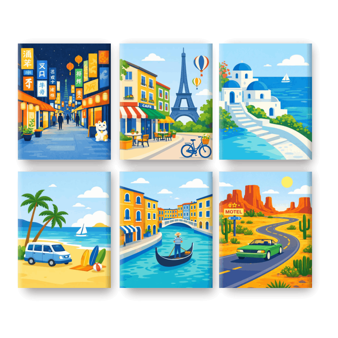 6 Mini-Gemälde | Reiseträume Set - Malen nach Zahlen