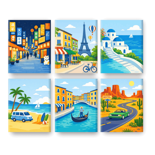 6 Mini-Gemälde | Reiseträume Set - Malen nach Zahlen