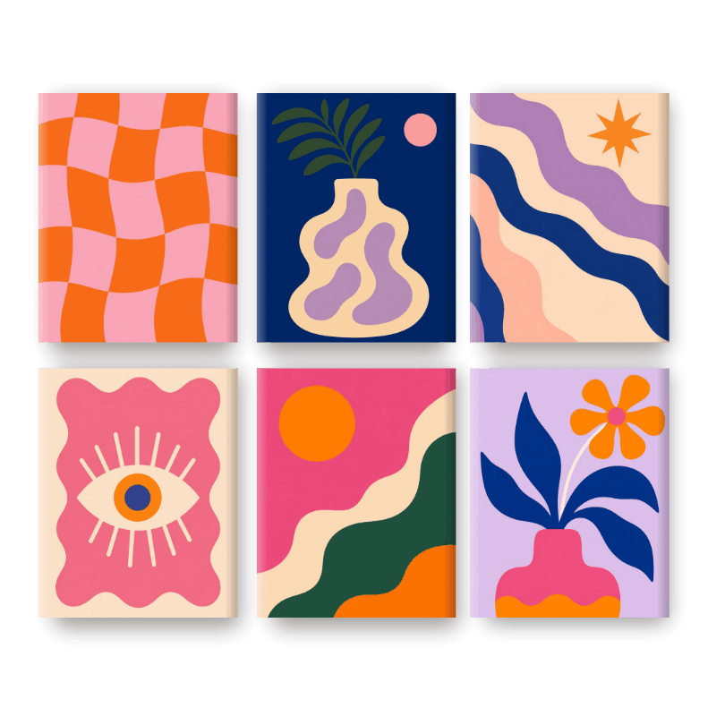 6 Mini-Gemälde | Funky Blumen Set - Malen nach Zahlen