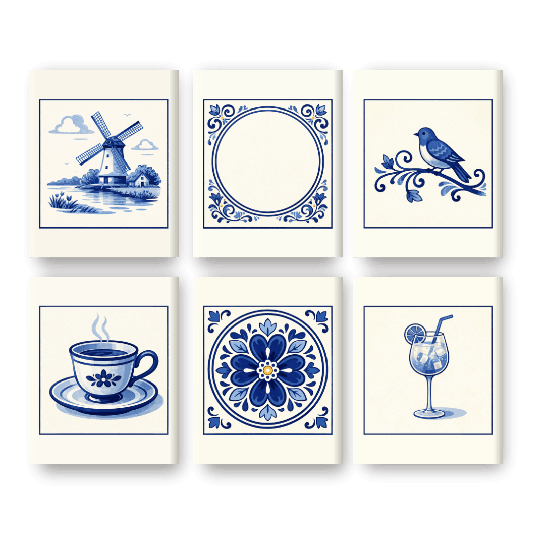 6 Mini-Gemälde | Wunderschönes Delft Blue Set - Malen nach Zahlen