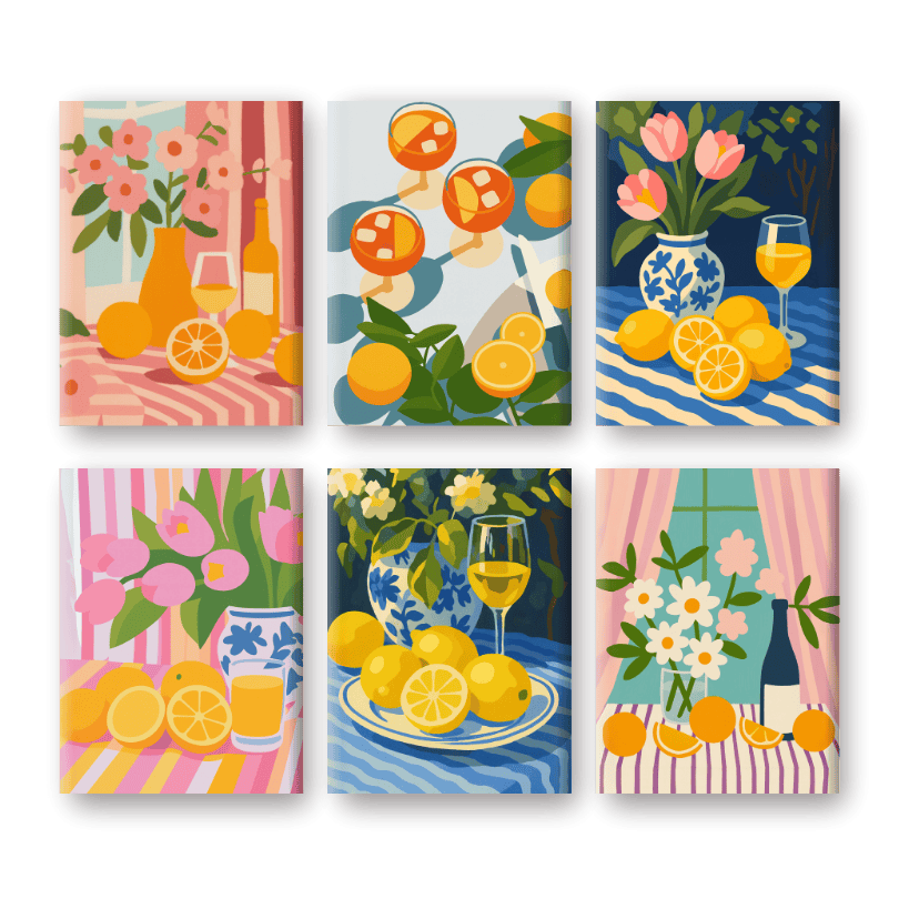 6 Mini Gemälde | Blumen & Getränke Set