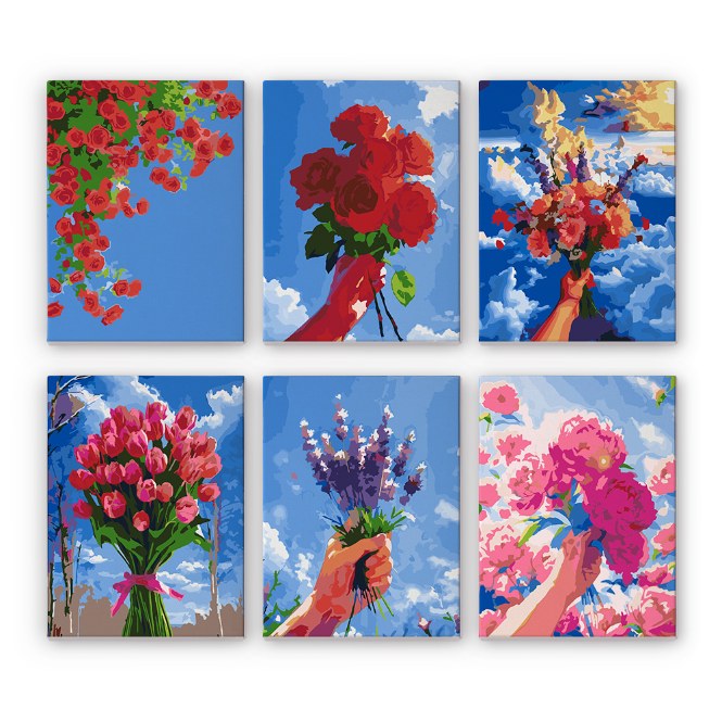6 Mini Gemälde | Blumensträuße im Himmel Set