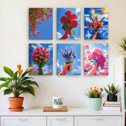 6 Mini-Gemälde | Blumensträuße im Himmel-Set Mockup