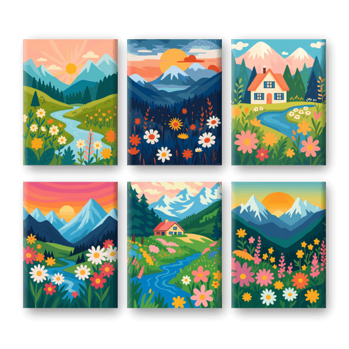 6 Mini-Gemälde | Bunte Landschaften-Set