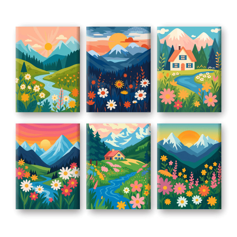 6 Mini Gemälde | Bunte Landschaften Set