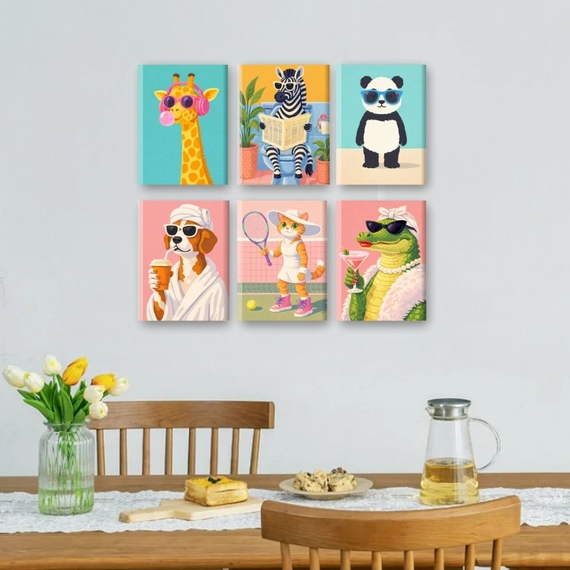 6 Mini-Gemälde | Funky Tiere Set
