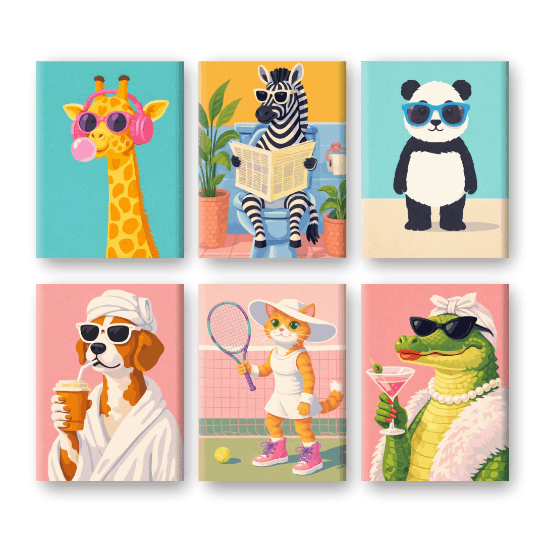 6 Mini-Gemälde | Funky Tiere Set-Malen nach zahlen