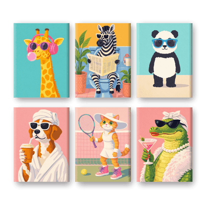 6 Mini-Gemälde | Funky Tiere Set-Malen nach zahlen