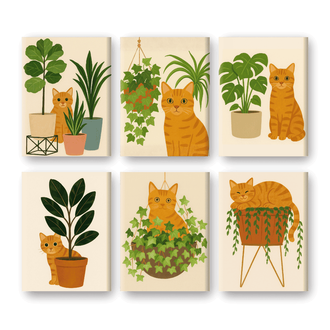 6 Mini Gemälde | Das Orange Katzen Set
