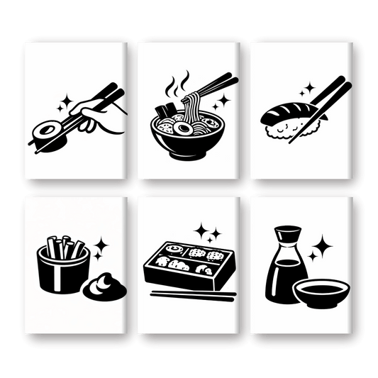 6 Mini-Gemälde | Schwarz-Weiß-Sushi Set-Malen nach zahlen