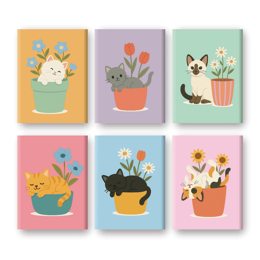 6 Mini-Gemälde | Katzen & Blumen Set-Malen nach zahlen