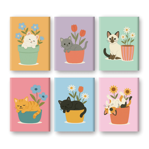 6 Mini-Gemälde | Katzen & Blumen Set