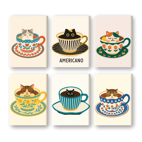 6 Mini-Gemälde | Katzen in Kaffeetassen Set