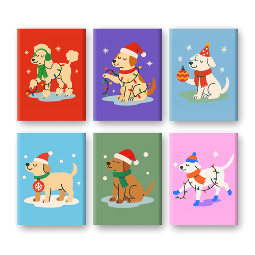 6 Mini-Gemälde | Weihnachts Hunde Set