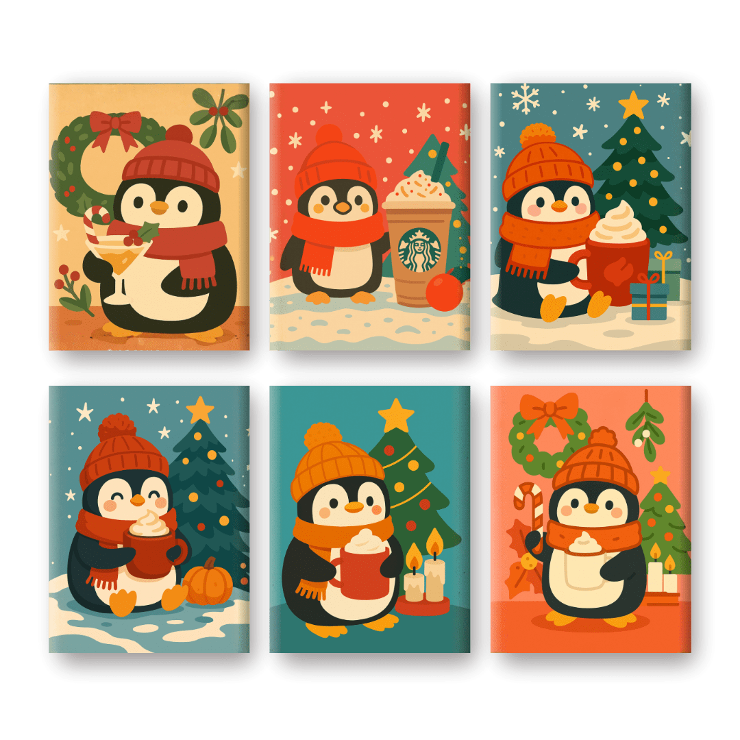 6 Mini-Gemälde | Weihnachts-Pinguin Set-Malen nach zahlen