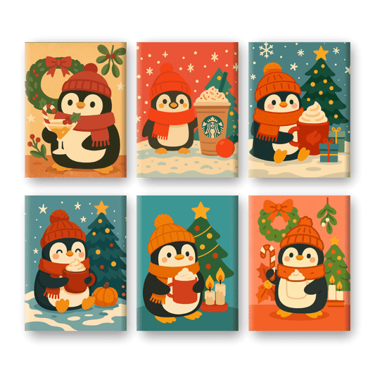 6 Mini-Gemälde | Weihnachts-Pinguin Set-Malen nach zahlen