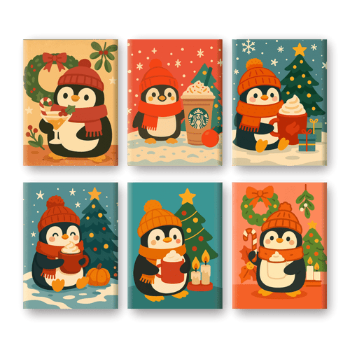 6 Mini-Gemälde | Weihnachts-Pinguin Set