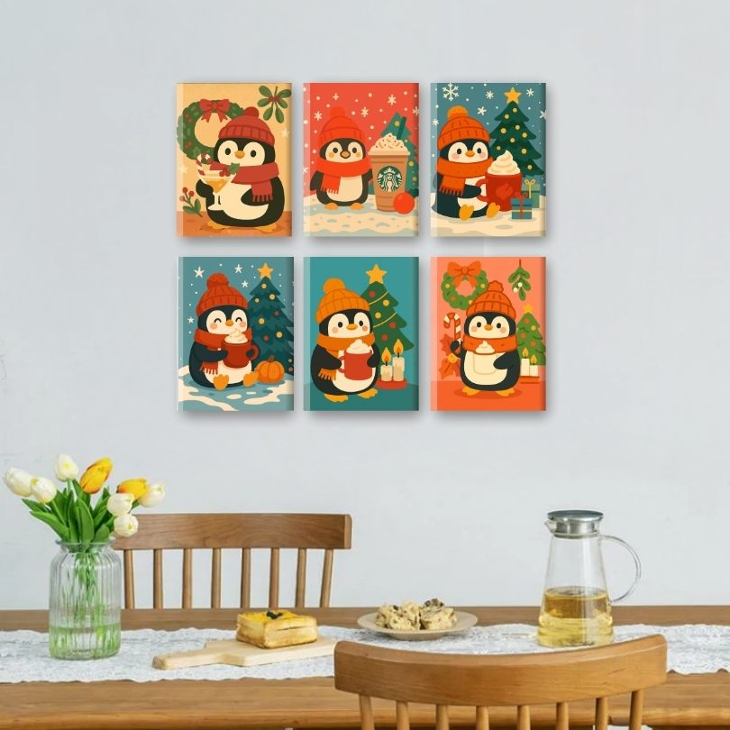 6 Mini-Gemälde | Weihnachts-Pinguin Set