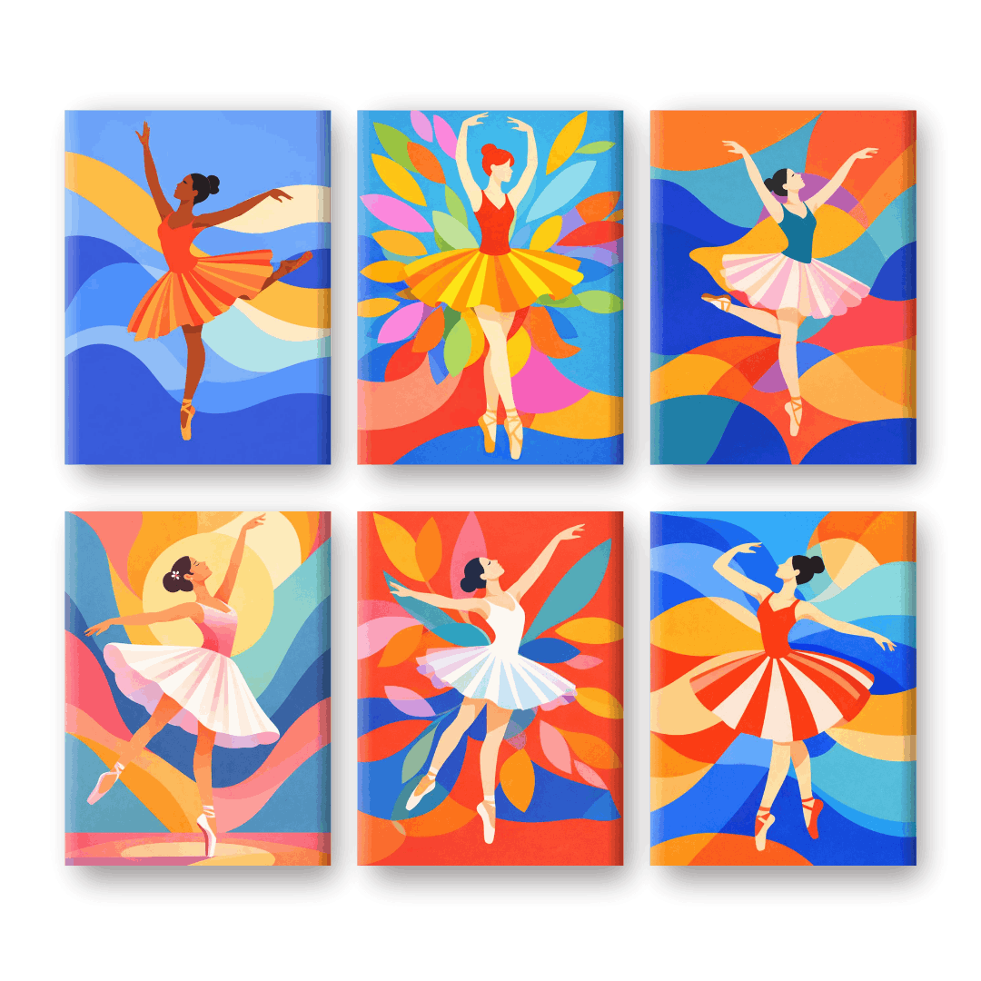 6 Mini-Gemälde | Buntes Ballerinas Set-Malen nach zahlen