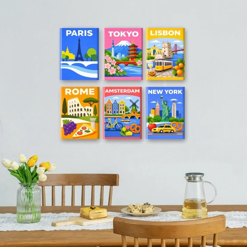 6 Mini-Gemälde | Farbenfrohe Städte Set