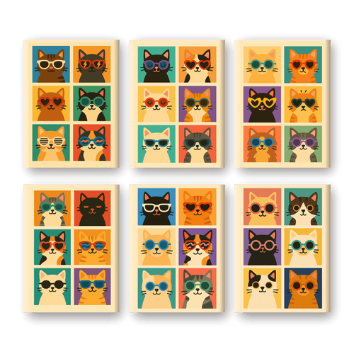 6 Mini-Gemälde | Coole Bunte Katzen Set