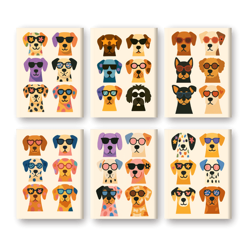 6 Mini-Gemälde | Coole Bunte Hunde Set