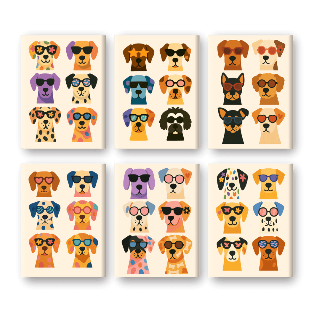 6 Mini Gemälde | Coole Bunte Hunde Set