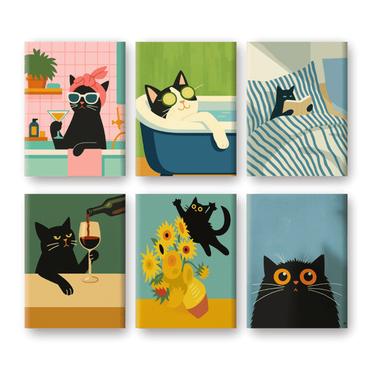 6 Mini-Gemälde | Verrückte Katzen Set-Malen nach zahlen