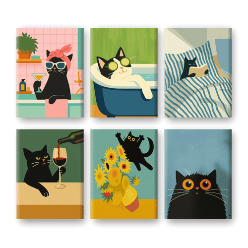 6 Mini-Gemälde | Verrückte Katzen Set