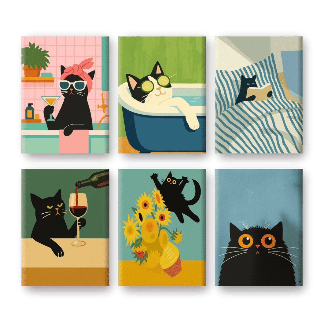 6 Mini Gemälde | Verrückte Katzen Set