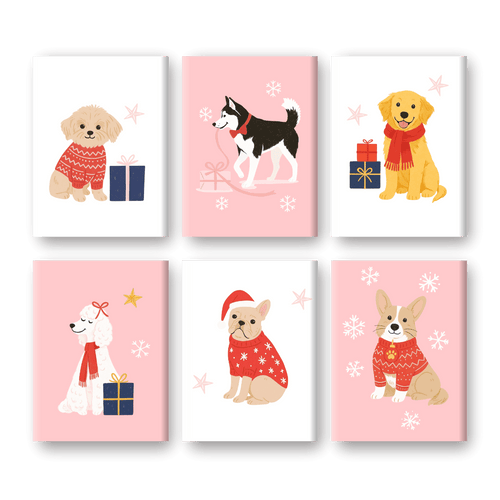 6 Mini-Gemälde | Süßes Winterhunde Set