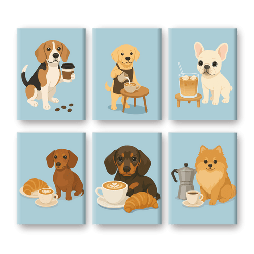 6 Mini-Gemälde | Hunde & Kaffee Set