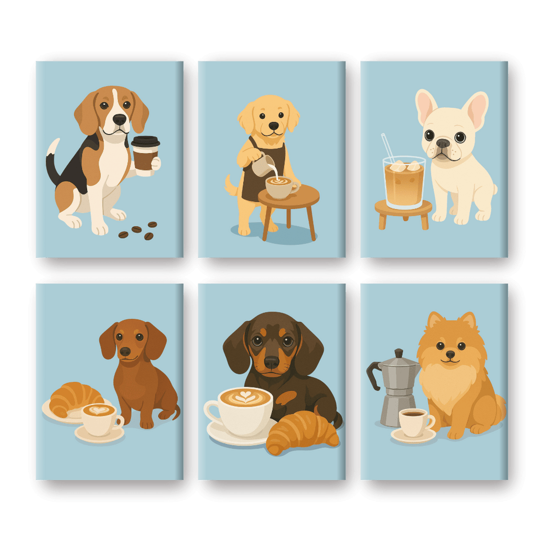 6 Mini Gemälde | Hunde & Kaffee Set