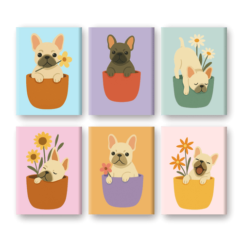 6 Mini-Gemälde | Hunde & Blumen Set