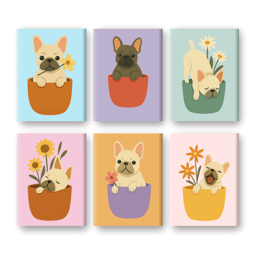 6 Mini Gemälde | Hunde & Blumen Set