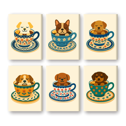 6 Mini-Gemälde | Hunde in Kaffeetassen Set-Malen nach zahlen