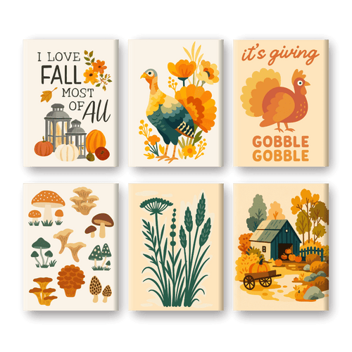 6 Mini-Gemälde |  Herbst & Truthähne-Set