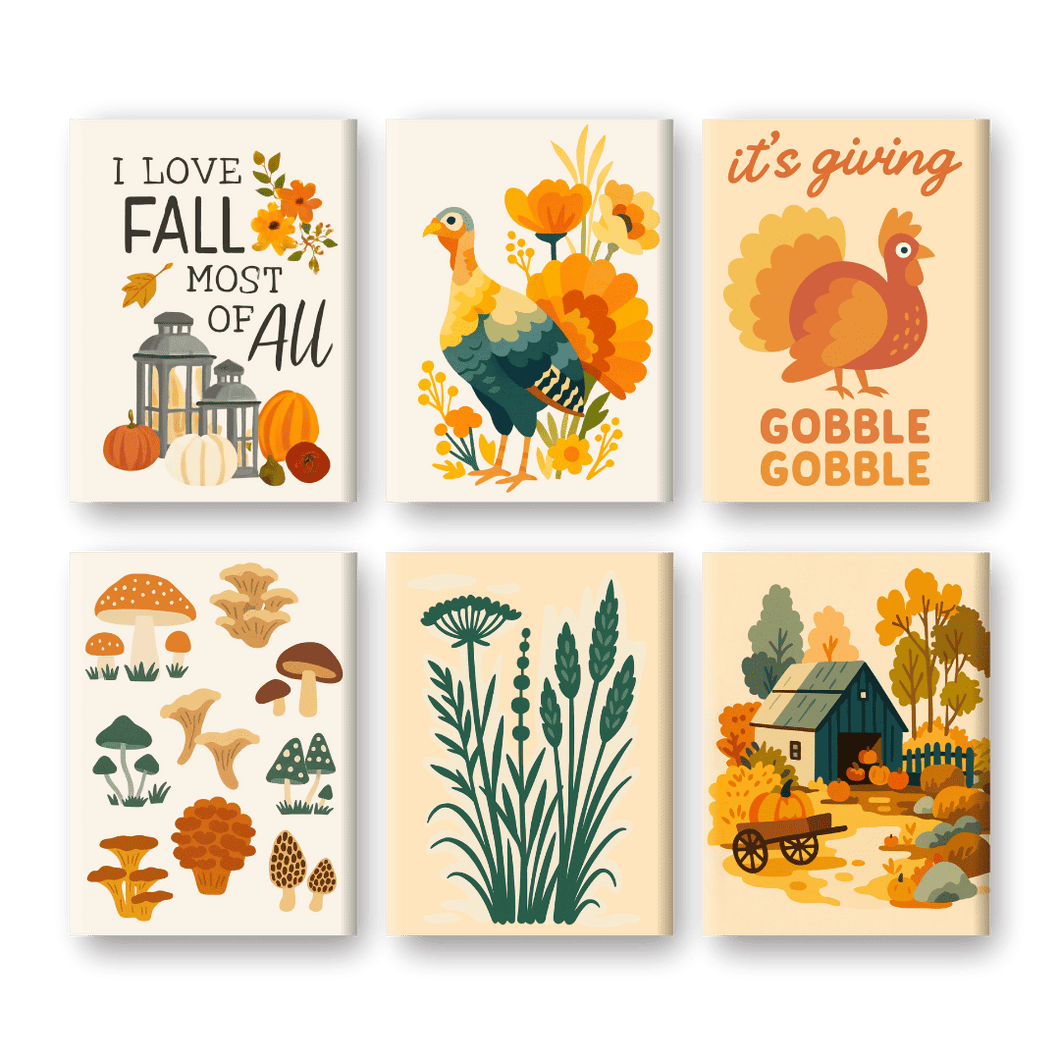 6 Mini Gemälde |  Herbst & Truthähne Set