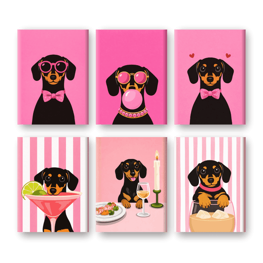6 Mini-Gemälde | Rosa Dackel Set-Malen nach zahlen