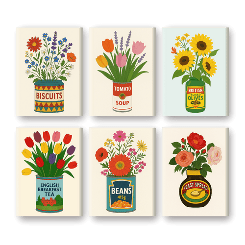 6 Mini-Gemälde | Blumen in Dosen Set