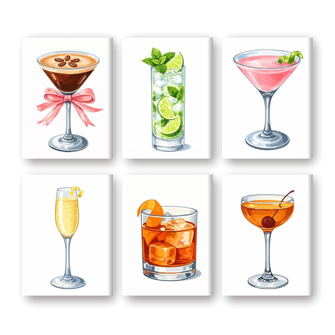 6 Mini-Gemälde | Schönes Cocktail Set-Malen nach zahlen