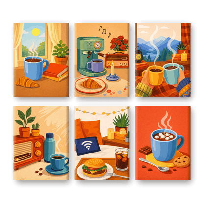 6 Mini-Gemälde | Morgenkaffee Set-Malen nach zahlen