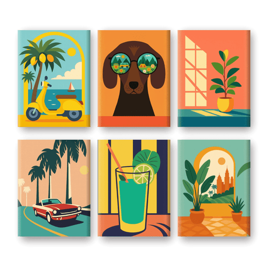 6 Mini-Gemälde | Retro Ferien Set-Malen nach zahlen