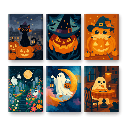 Malen nach Zahlen – 6 Mini-Gemälde | Gruseliges Halloween-Set
