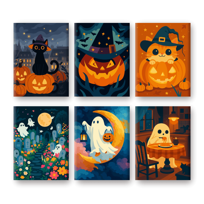 Malen nach Zahlen – 6 Mini Gemälde | Gruseliges Halloween Set