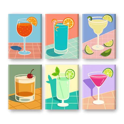6 Mini-Gemälde | Tropische Cocktails Set