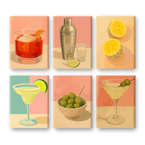 6 Mini-Gemälde |  Vintage Cocktail Set