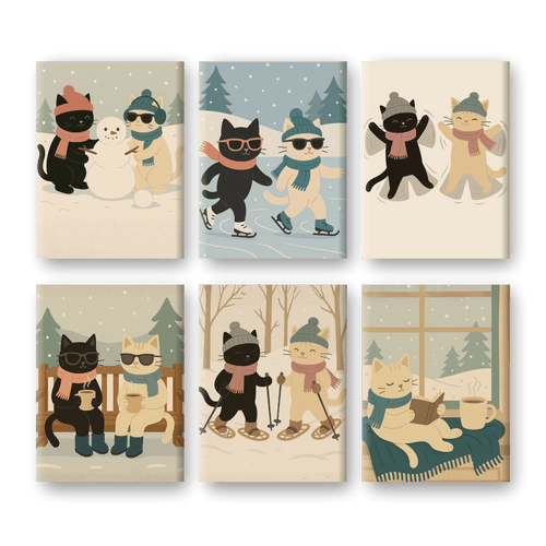 6 Mini-Gemälde | Winterkatzen Set