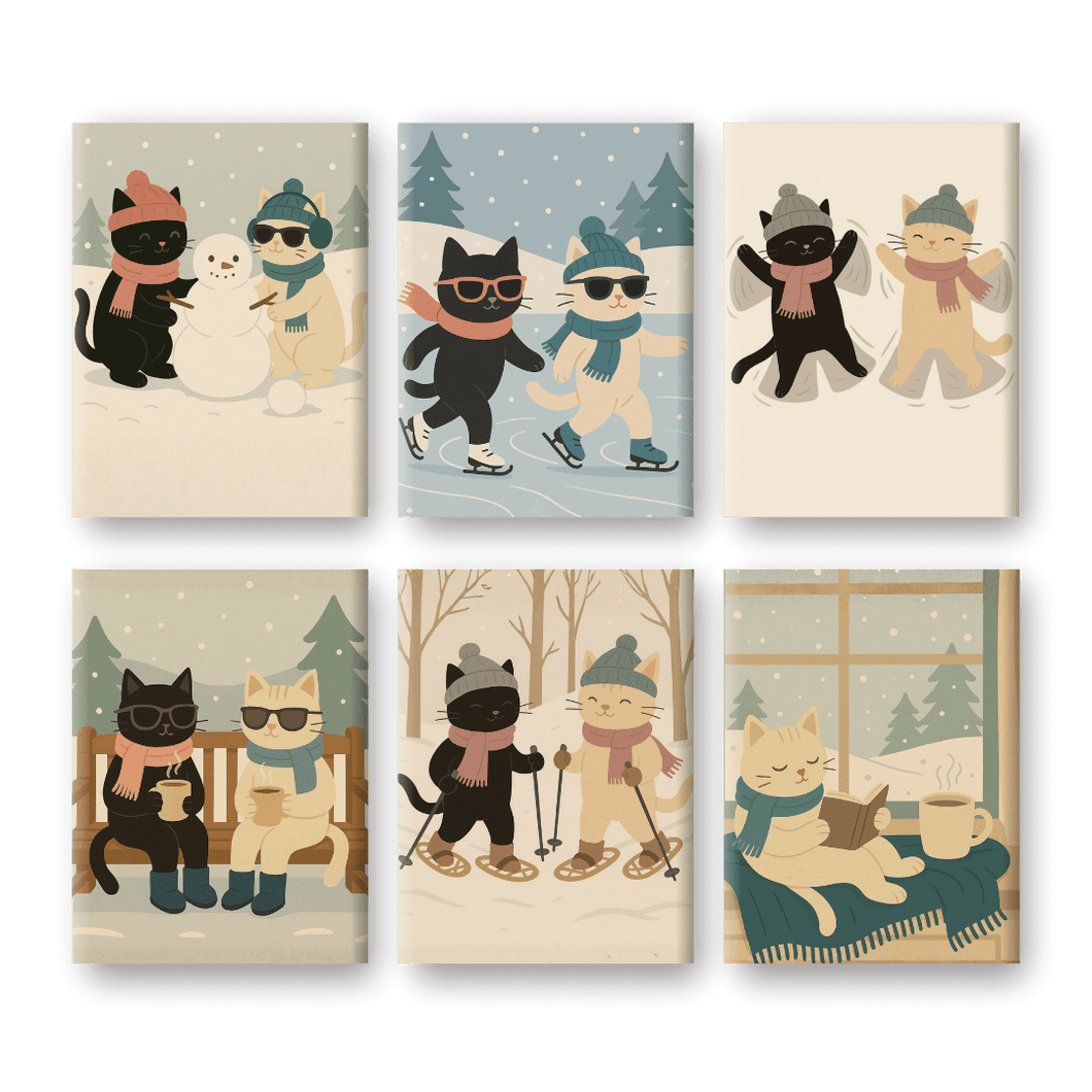 6 Mini Gemälde | Winterkatzen Set