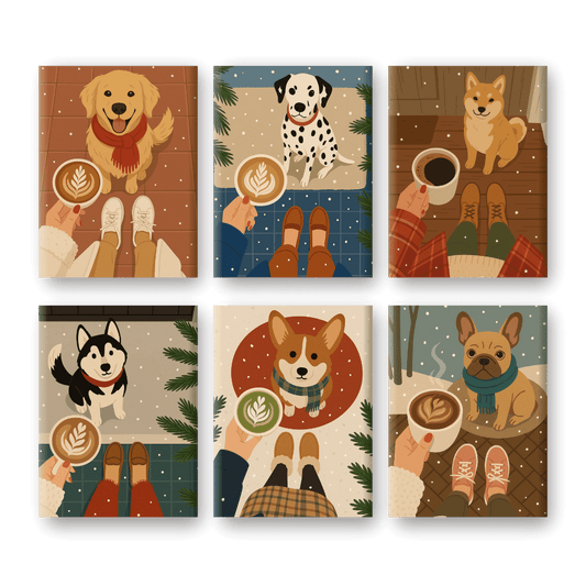 6 Mini-Gemälde | Winter Kaffee & Hunde Set-Malen nach zahlen